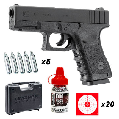 Pack pistolet Glock 19 BBS billes acier cal. 4.5mm C02 3 joules